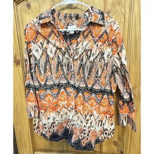 Chicos Women's Blouse Autumn Colors Batik Button‎ Down Cotton Orange Size 2